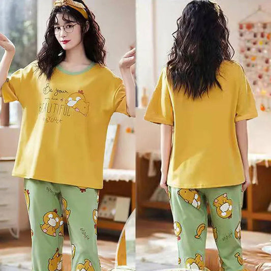 2-piece Set Women Cartoon Casual Homewear Clothes Girls Sleepwear Women Summer Short-sleeve Three-quarter Pants Pajama Set Good Vibrations