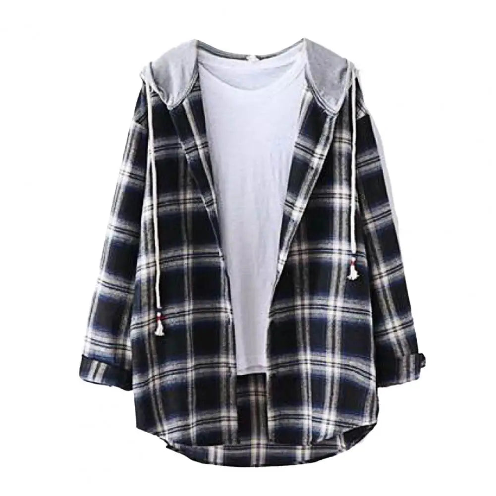 Autumn Women Shirts Hoodie Coat Plaid Print Loose Hooded Long Sleeves Drawstring Cardigan Single-breasted Buttons Spring Jacket Good Vibrations