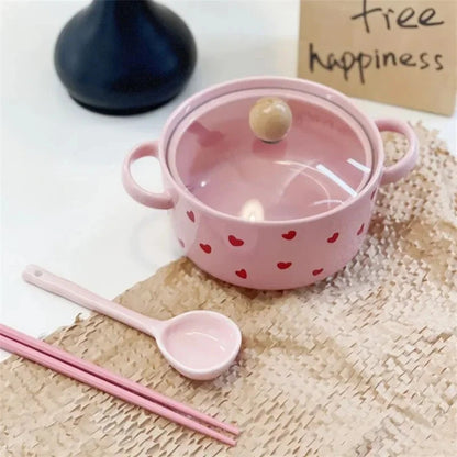 Pink Love Cutlery Set Rice Bowl Household Ceramic Double Ear Instant Noodle Soup Bowl Hand Paired Spoon Combination Noodle Bowl Good Vibrations