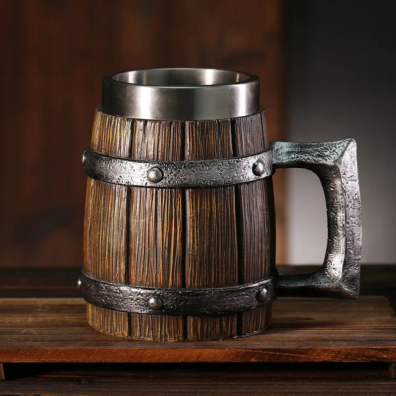 Hot-selling Wooden Barrel Beer mug , Large-capacity  Coffee mug Water bottle ,Tazas de café with stainless steel Good Vibrations