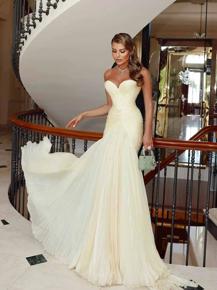 Sumnus Charming Mermaid Yellow Prom Dress Sweetheart Pleats Sleeveless Party Dresses Floor-Length Evening Dress Customized Good Vibrations