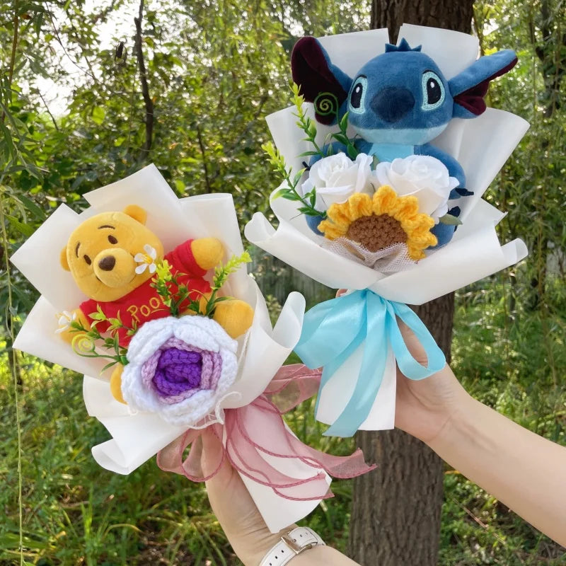 Catoon Stich Winnie the Pooh Plush Doll Toy With Flowers Creative Handmade Bouquet Valentine Christmas Graduation Gift Good Vibrations