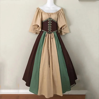 Halloween Costumes for Women Medieval Retro Contrasting Color Slim Swing Dress One-word Shoulder Dress Love Live Cosplay Good Vibrations
