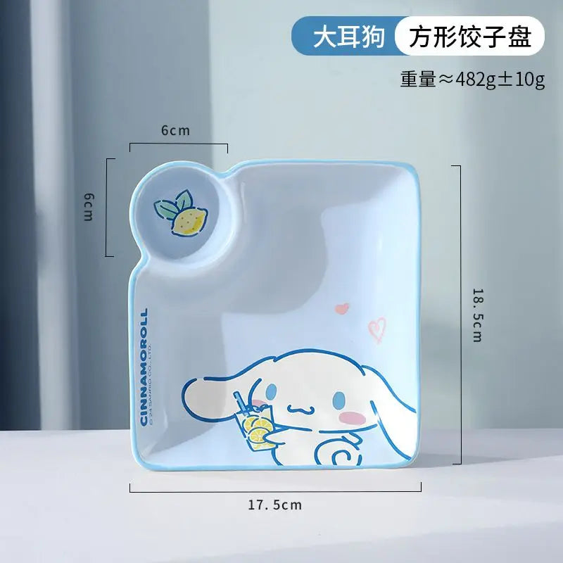 Cute Cartoon Sanrioed My Melody Hellokitty Cinnamoroll Ceramic Dumpling Plate with Vinegar Dish for Children's Breakfast At Home Good Vibrations