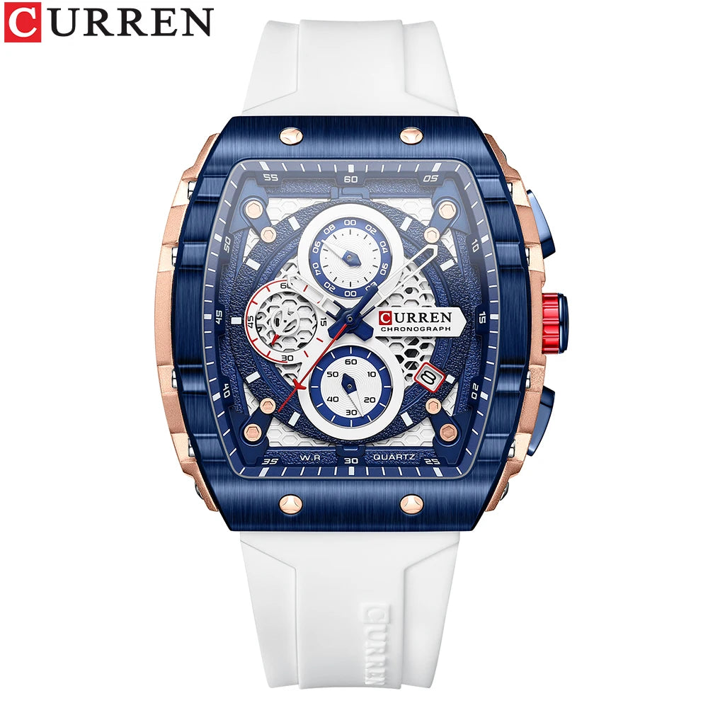 CURREN Sports Unique Rectangular Watches with Large Dial Casual Quartz Silicone Bands Wristwatches with Auto Date Good Vibrations