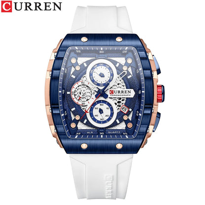 CURREN Sports Unique Rectangular Watches with Large Dial Casual Quartz Silicone Bands Wristwatches with Auto Date Good Vibrations