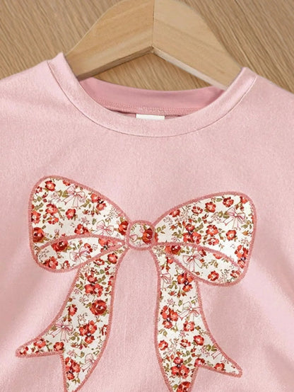 2-Piece Set of Simple and Versatile Casual Summer Outfits for Girls: Toddler Girls' Bowknot Round-Neck Short-Sleeve Top + Elastic Waist Floral Print Shorts, Outdoor Stylish and Youthful Children's Clothing Good Vibrations