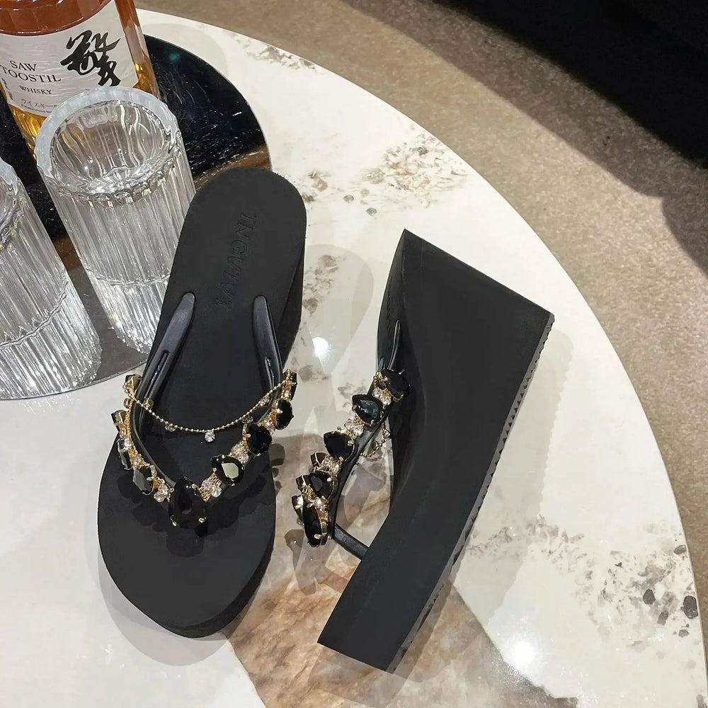 Flip Flops Women New High Heeled Slippers Women Diamond Slope Heel Slippers Elegant Fashion Beach Sandals Womens Sexy Shoes Good Vibrations