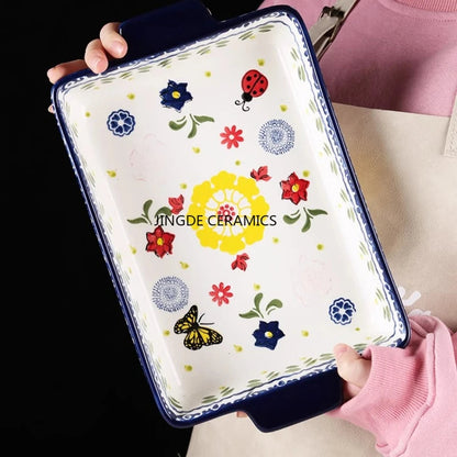 Rectangular/elliptical Double Ear Plate Cheese Baked Rice Tray Ceramic Baking Tray Oven Household Large Square Plate Tableware Good Vibrations