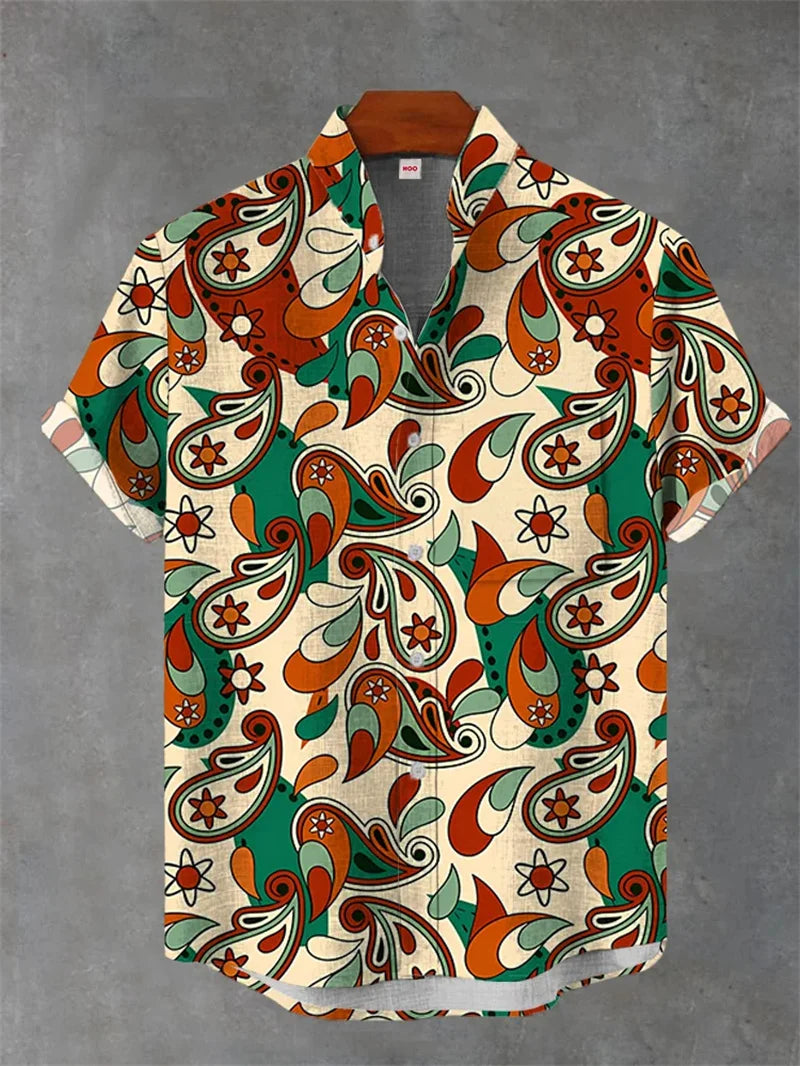 Hawaiian linen shirt men's 3D printed summer loose fit Hawaiian top casual short sleeved lapel shirt men's style Good Vibrations