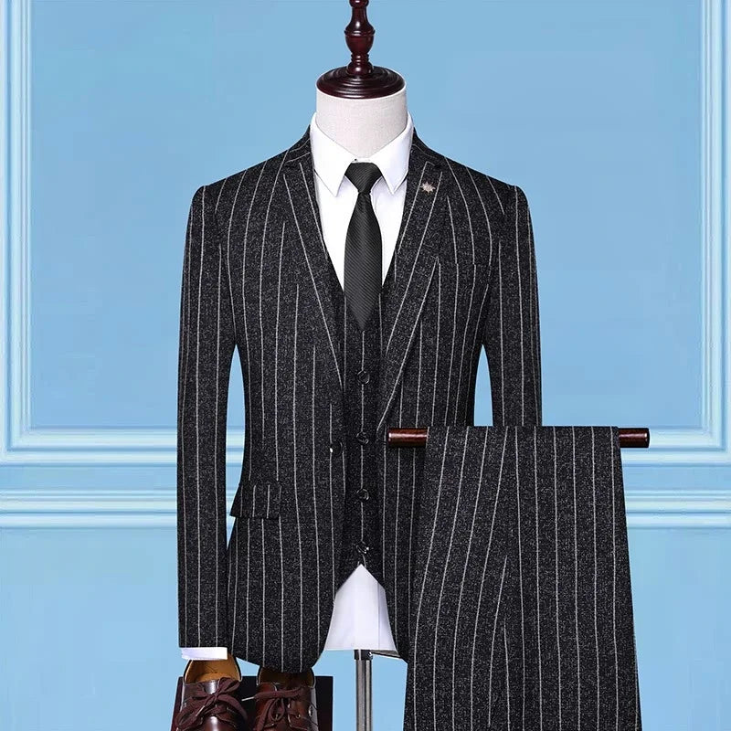 2025 Suit (suit + Vest + Trousers) Single Button Fashion Business Vertical Stripe Gentleman Suit Korean Suit Three-piece Suit Good Vibrations