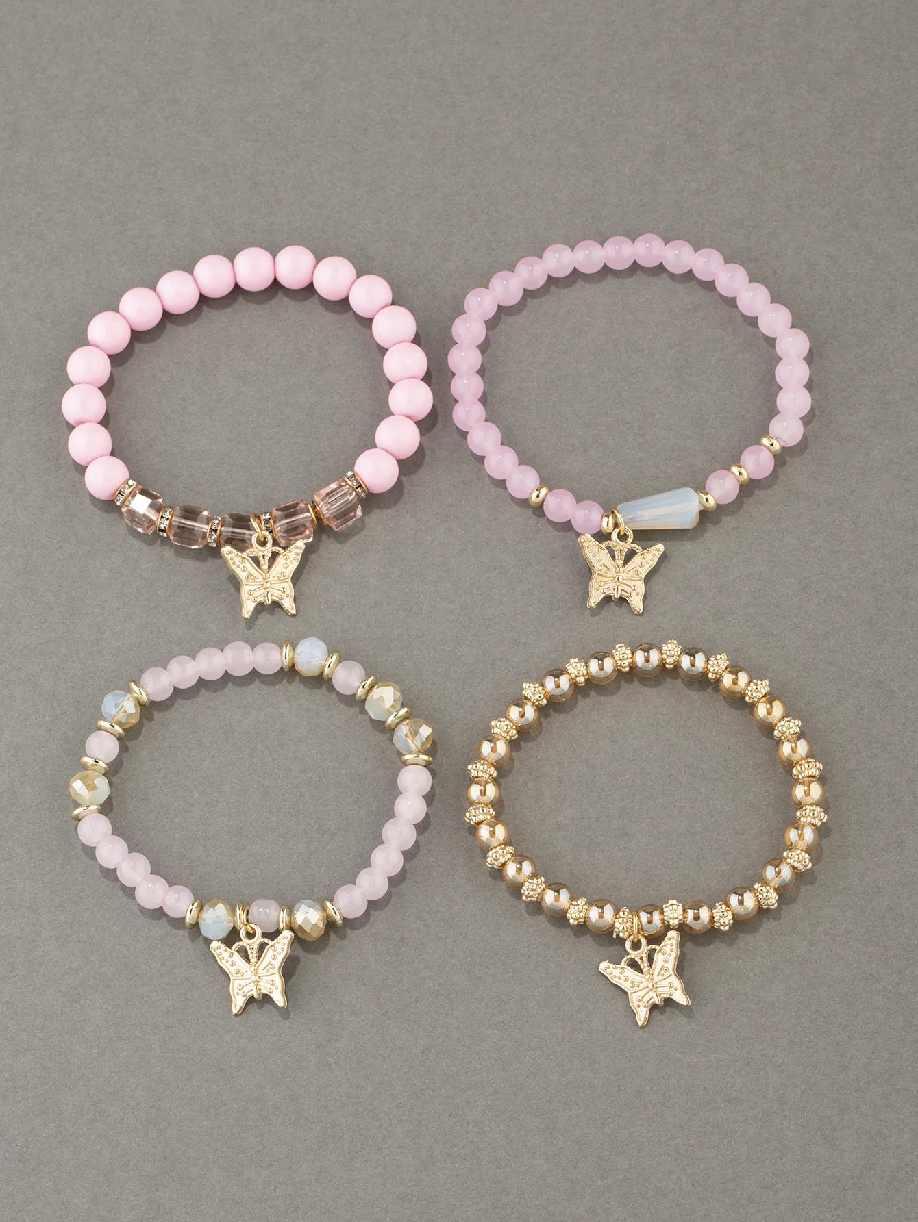 4Pcs Trendy Butterfly Beaded Bracelet Set For Women Pink Acrylic Beads Elastic Chain Bangle Female Bohemian Party Jewelry Gift Good Vibrations