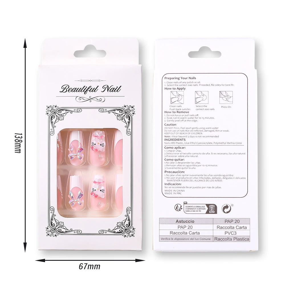 Pink French Fake Nails 3D Pink Hello Kitty, Aurora Bow, Pearl Design False Nail Medium Coffin Shaped Full Cover Press On Nails Good Vibrations