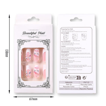 Pink French Fake Nails 3D Pink Hello Kitty, Aurora Bow, Pearl Design False Nail Medium Coffin Shaped Full Cover Press On Nails Good Vibrations
