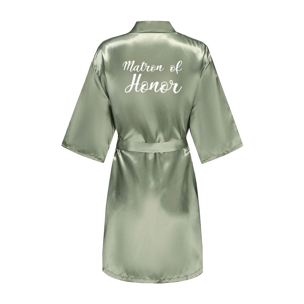 Grass Green Women's White Letter Bride Bridesmaid Short Satin Robes for Wedding Party Getting Ready Good Vibrations
