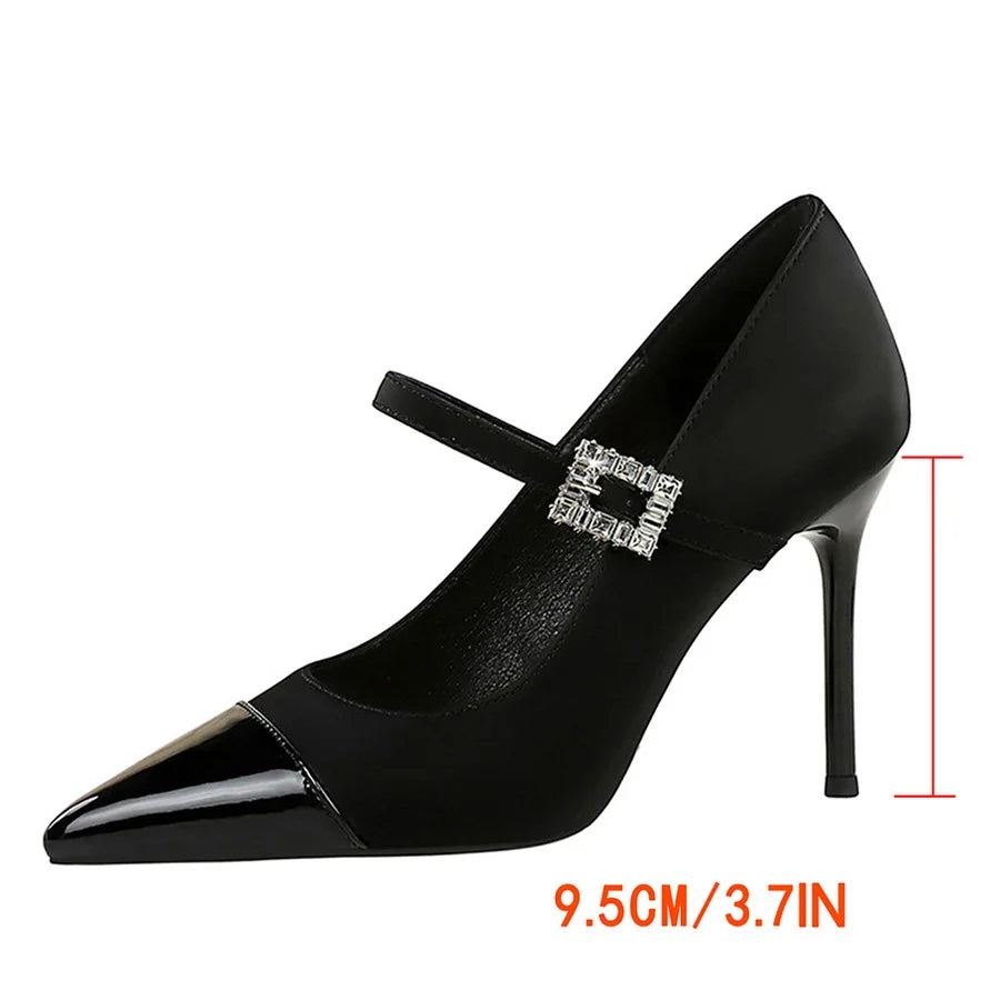 Women 9.5cm High Heels Lady Fashionable Rhinestone Pumps Female Pointed Toe Stiletto Heel Silk Comfortable Evening Shoes Good Vibrations