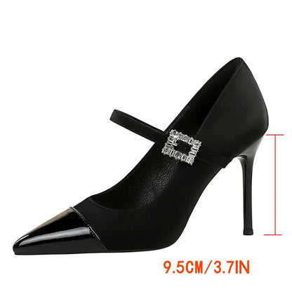 Women 9.5cm High Heels Lady Fashionable Rhinestone Pumps Female Pointed Toe Stiletto Heel Silk Comfortable Evening Shoes Good Vibrations