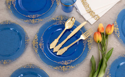 175PCS Blue Gold Plastic Plates Sets, Include 25Dinner Plates, 25Dessert Plates, 25Cups, 25Forks, 25Knives, 25Spoons, 25Napkins Good Vibrations