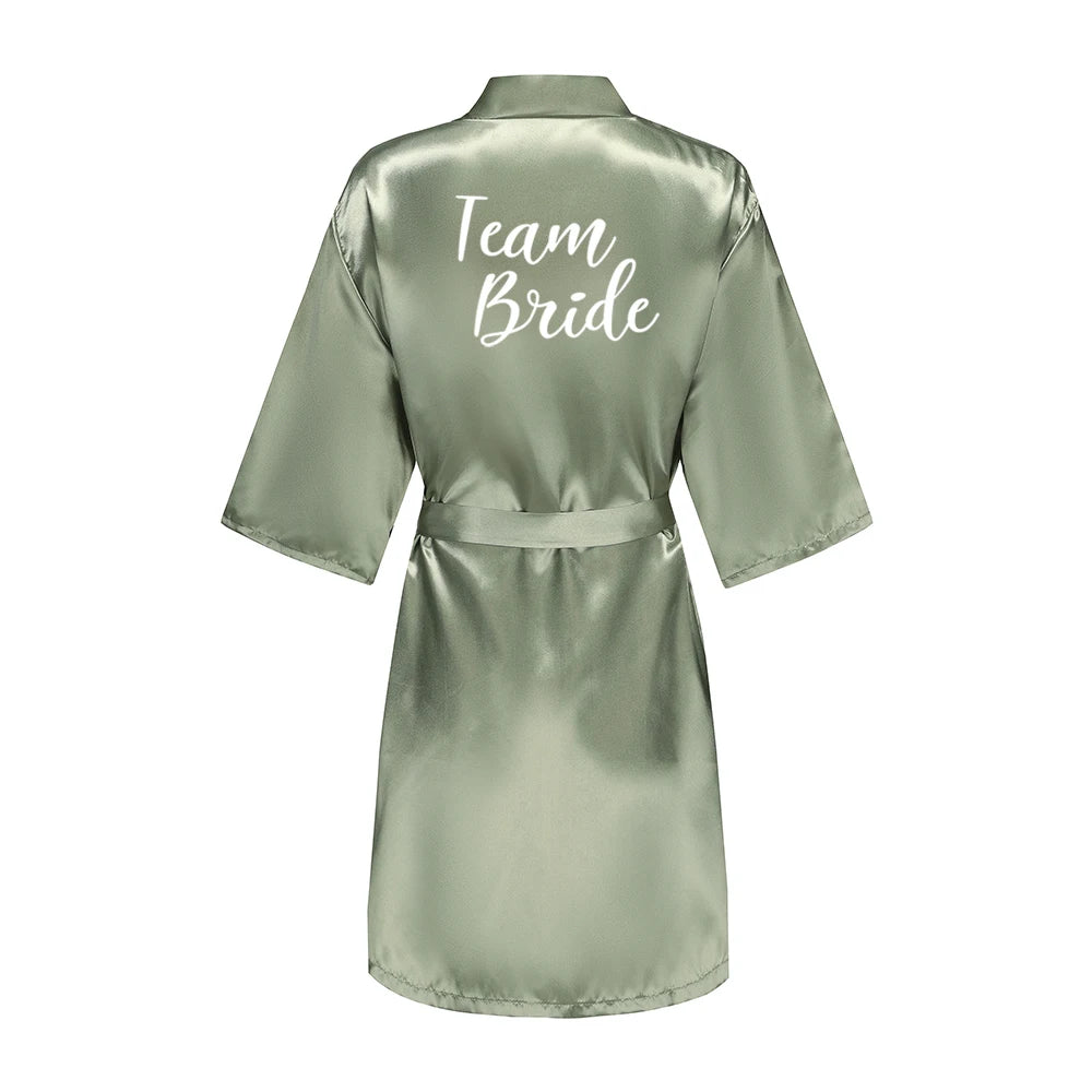 Grass Green Women's White Letter Bride Bridesmaid Short Satin Robes for Wedding Party Getting Ready Good Vibrations