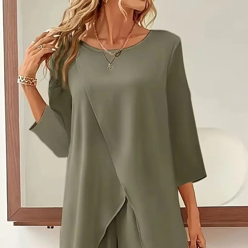 Women's Plus Size Solid Color Two-Piece Set, Casual Round Neck Long Sleeved Slit Top and Solid Color Wide Leg Pants Set Good Vibrations