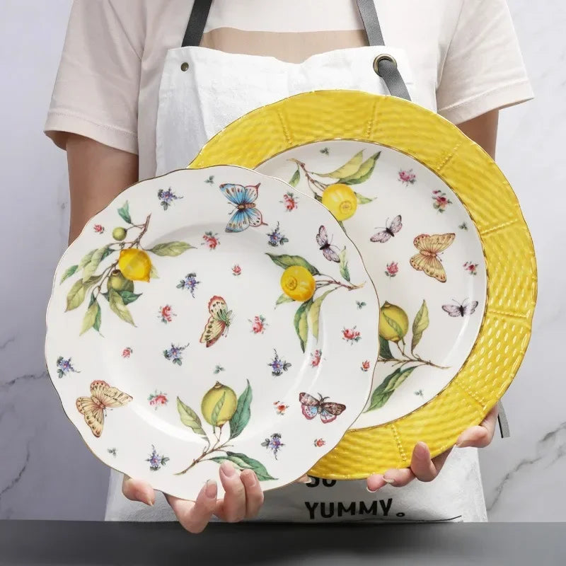 Europeanc Style Ceramic Dining Plate Elegant Lemon Pattern Dinner Steak Plate Coffee Cup Set Western Cuisine Dessert Plate Good Vibrations