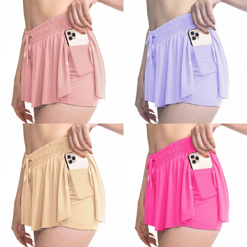 2 IN 1 Flowy Shorts Women Butterfly Tennis Skirt with Pockets Gym Yoga Shorts Sportswear Athletic Biker Run Shorts Skirts Summer Good Vibrations