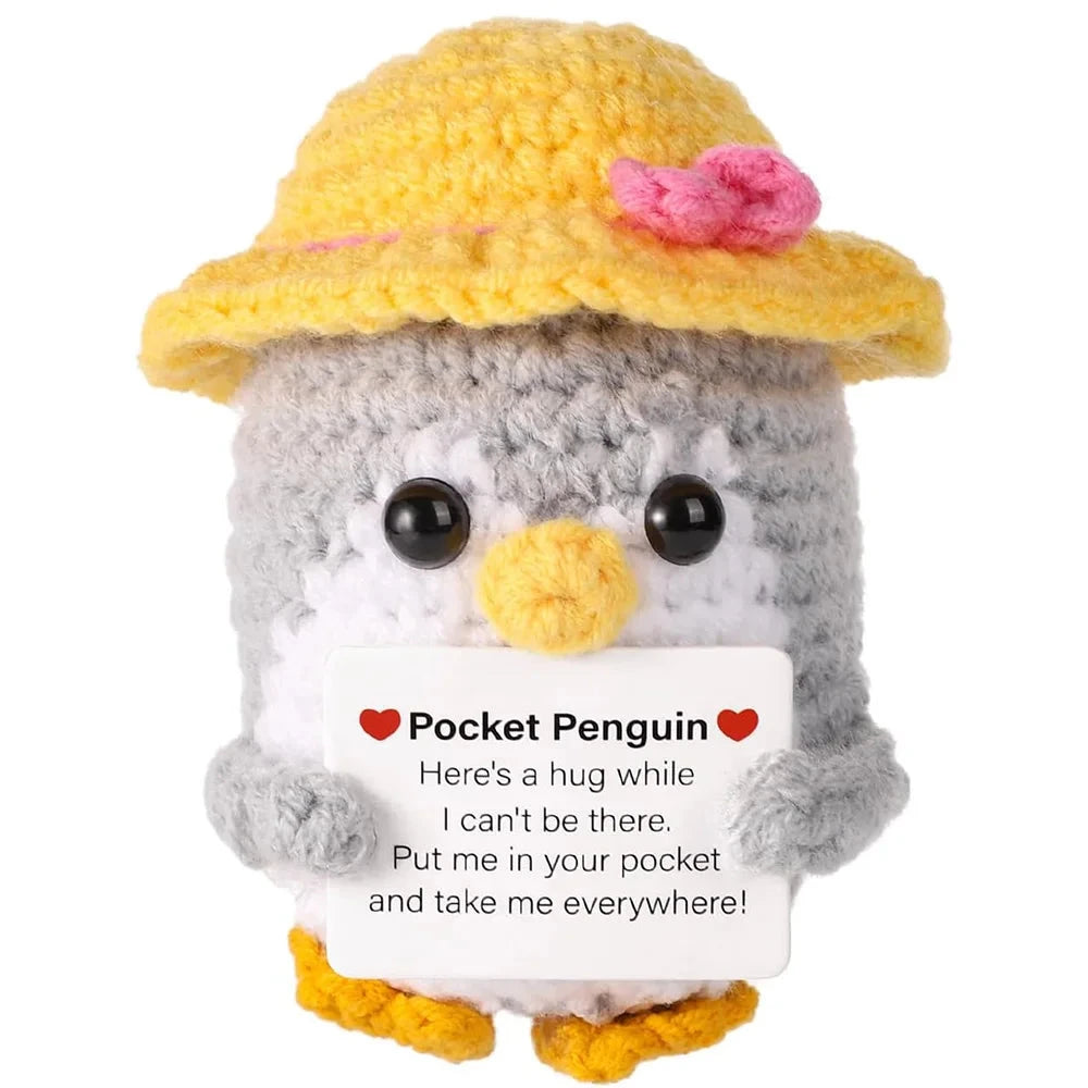 Funny Positive Energy Penguin Hug Pocket Doll Mini Handmade Plush Knitted Penguin Ornament Home Room Decoration Christams Gift Good Vibrations