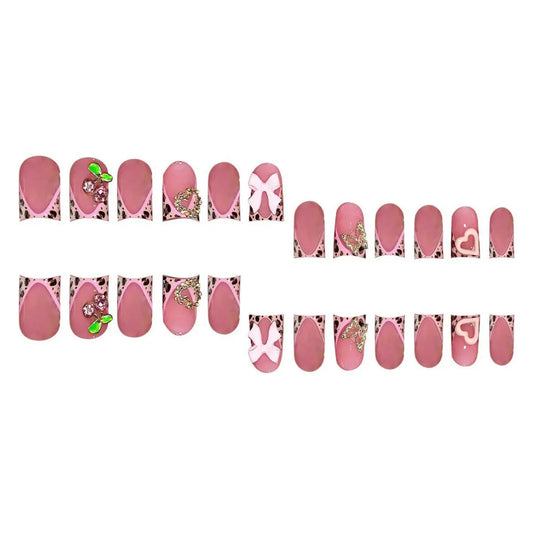 24pcs Nude Pink Sweet Fake Nails Short Duckbill Leopard Print French False Nails With 3D Bowknots Butterfly Cherry Press On Nail Good Vibrations
