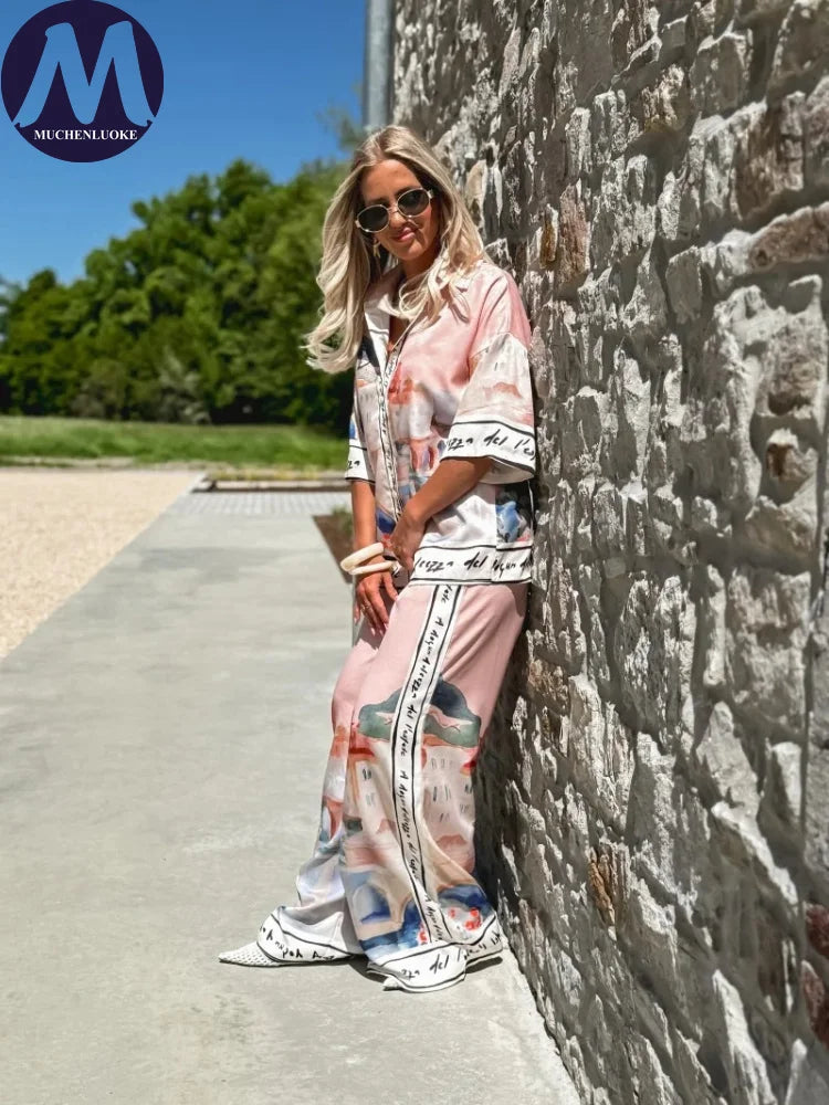 Women's Summer 2-Piece Set Elegant Printed Top & Casual Loose Wide Leg Pants Ensemble with Half Sleeve Fashionable Good Vibrations