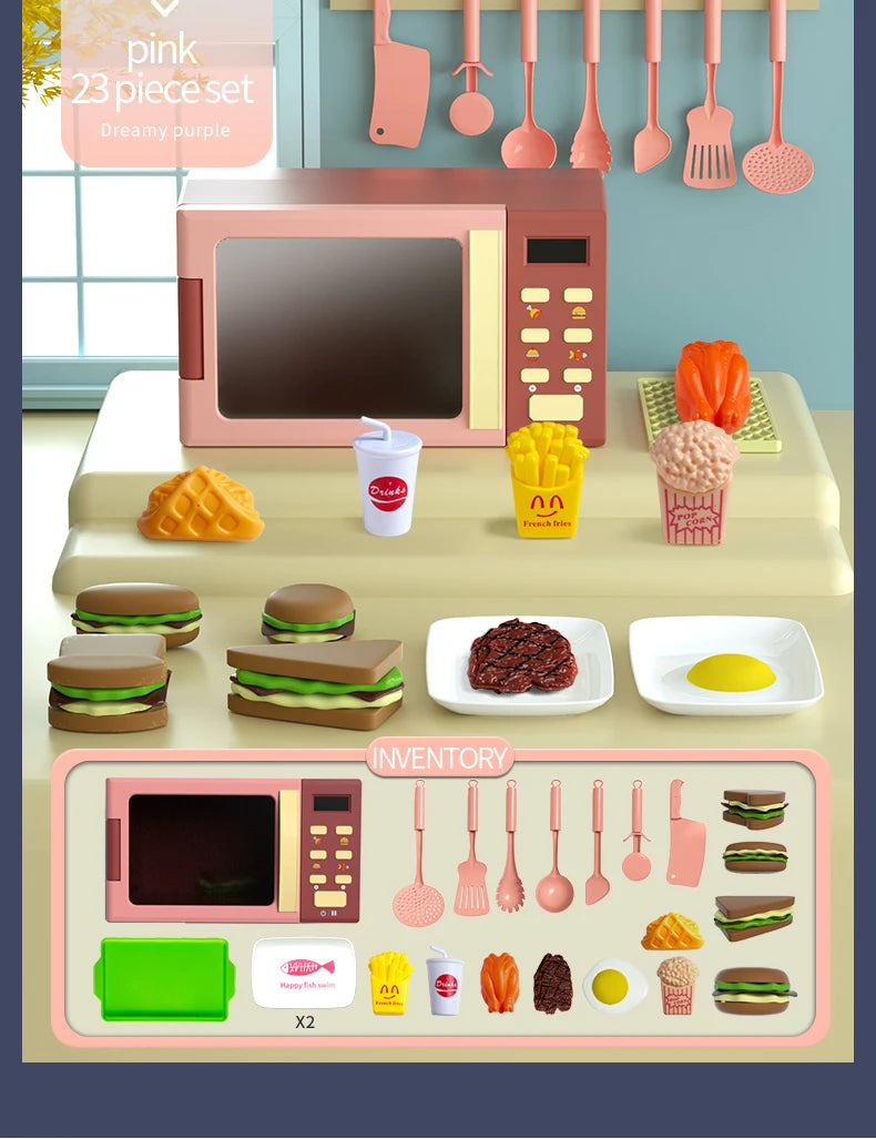 Toy Microwave Oven Playset with Light and Sound, Toy kitchen Appliances for Kids, Play kitchen accessories and Toy Food for Kids Good Vibrations