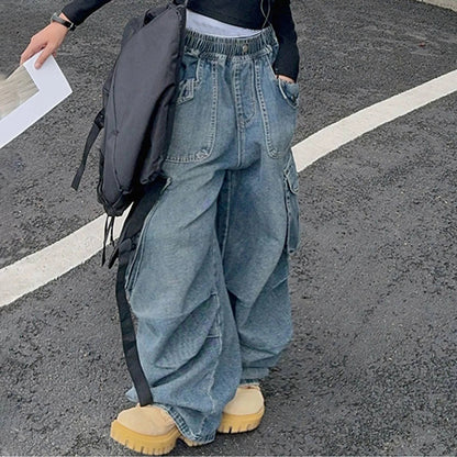 Girls Big Pocket Jeans Fashion Casual Workwear Wide Leg Pants Spring Summer Children Daily Comfy Oversized Trousers Kids Bottom Good Vibrations