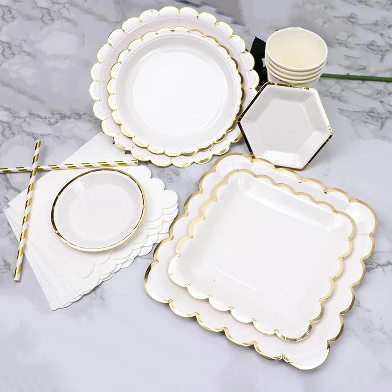 White Disposable Tableware Set Party Gold Paper Plate Wedding Necessitie Birthday Party Baby Shower Decorations Wedding Supplies Good Vibrations