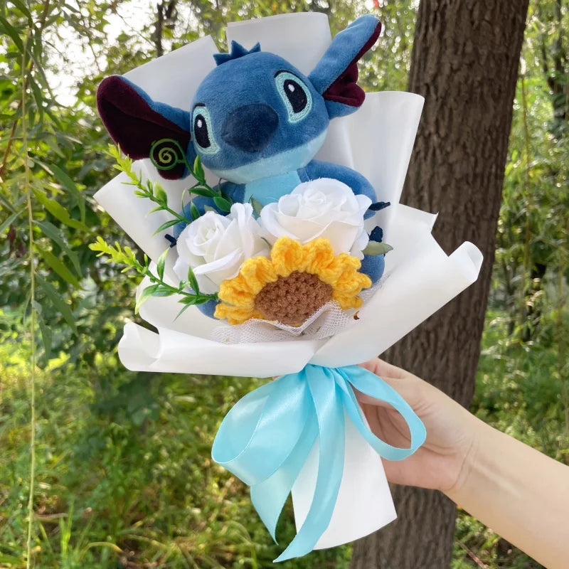 Catoon Stich Winnie the Pooh Plush Doll Toy With Flowers Creative Handmade Bouquet Valentine Christmas Graduation Gift Good Vibrations