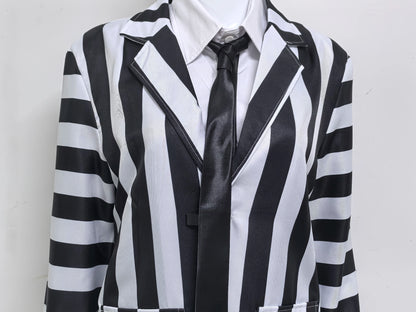 Men's Adult Halloween Costume Black and White Striped Suit Shirt and Tie Scary Costumes Spooky Beetla Halloween Cosplay Outfits Good Vibrations