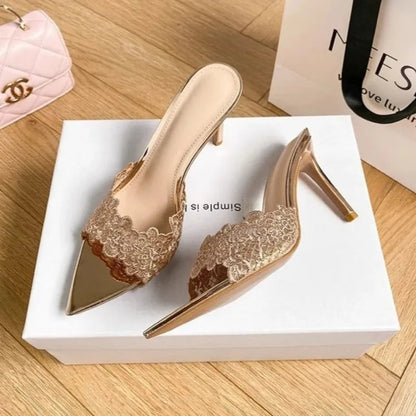 Women's High Heel Slippers Embroidery Lace Pointed Slippers Elegant Temperament High Heels Single Shoes for Women Banquet Pumps Good Vibrations