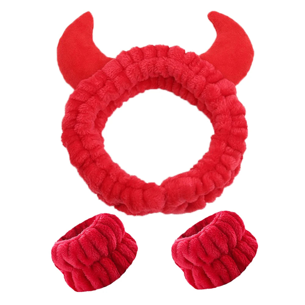 Demon Design Headband And Wristbands Set, Flannel Coral Hair Band Wristbands, Makeup Spa Face Wash Hair Accessories Good Vibrations