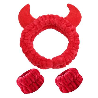Demon Design Headband And Wristbands Set, Flannel Coral Hair Band Wristbands, Makeup Spa Face Wash Hair Accessories Good Vibrations