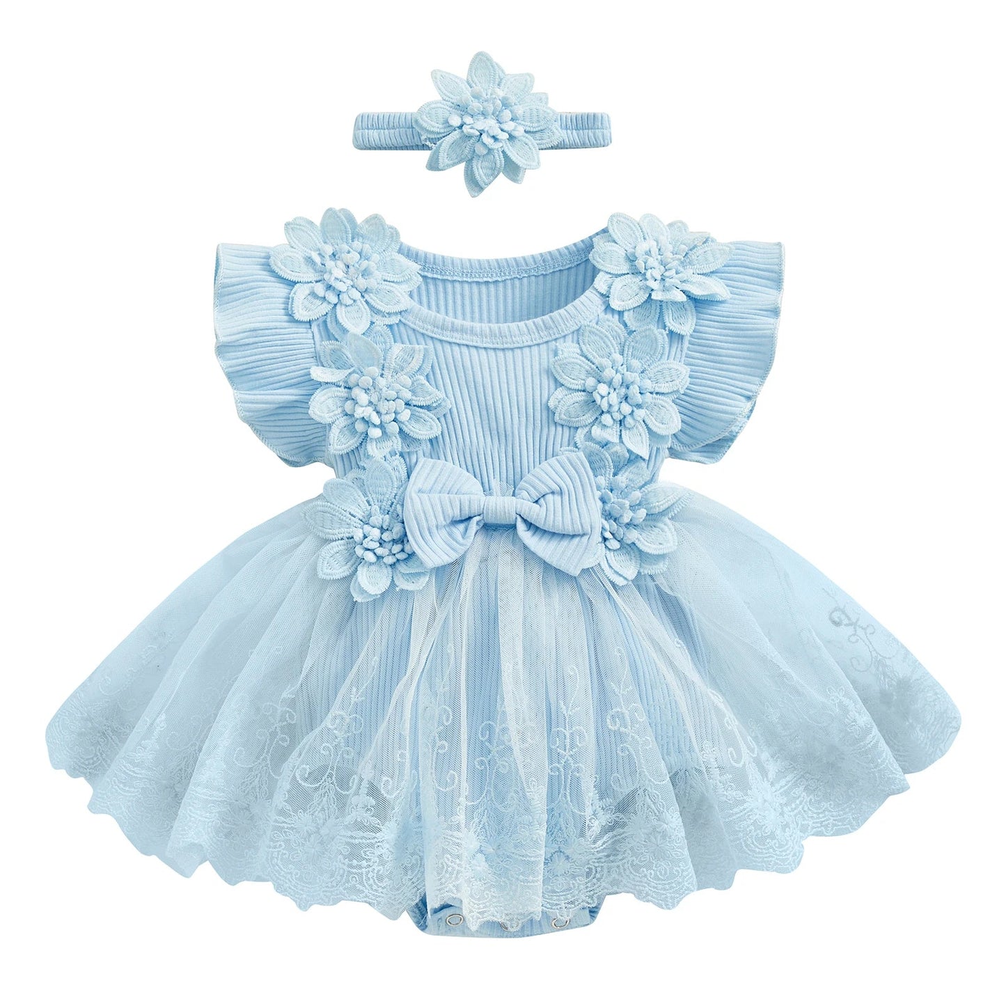 3D Flower Summer Baby Girls Romper Princess Mesh Newborn Clothes Lace Patchwork Ruffle Bodysuit Dress Headband Kids Clothing Good Vibrations