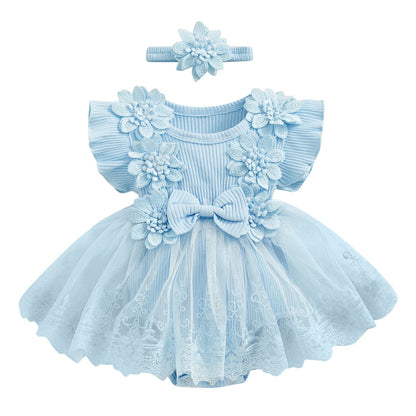 3D Flower Summer Baby Girls Romper Princess Mesh Newborn Clothes Lace Patchwork Ruffle Bodysuit Dress Headband Kids Clothing Good Vibrations