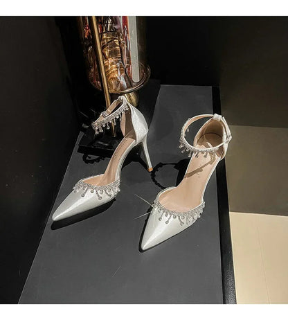 Comemore 2025 White Wedding Bridesmaid Shoes Satin Fashion Rhinestone Fringe Chain High Heels Black Temperament Elegance Pumps Good Vibrations