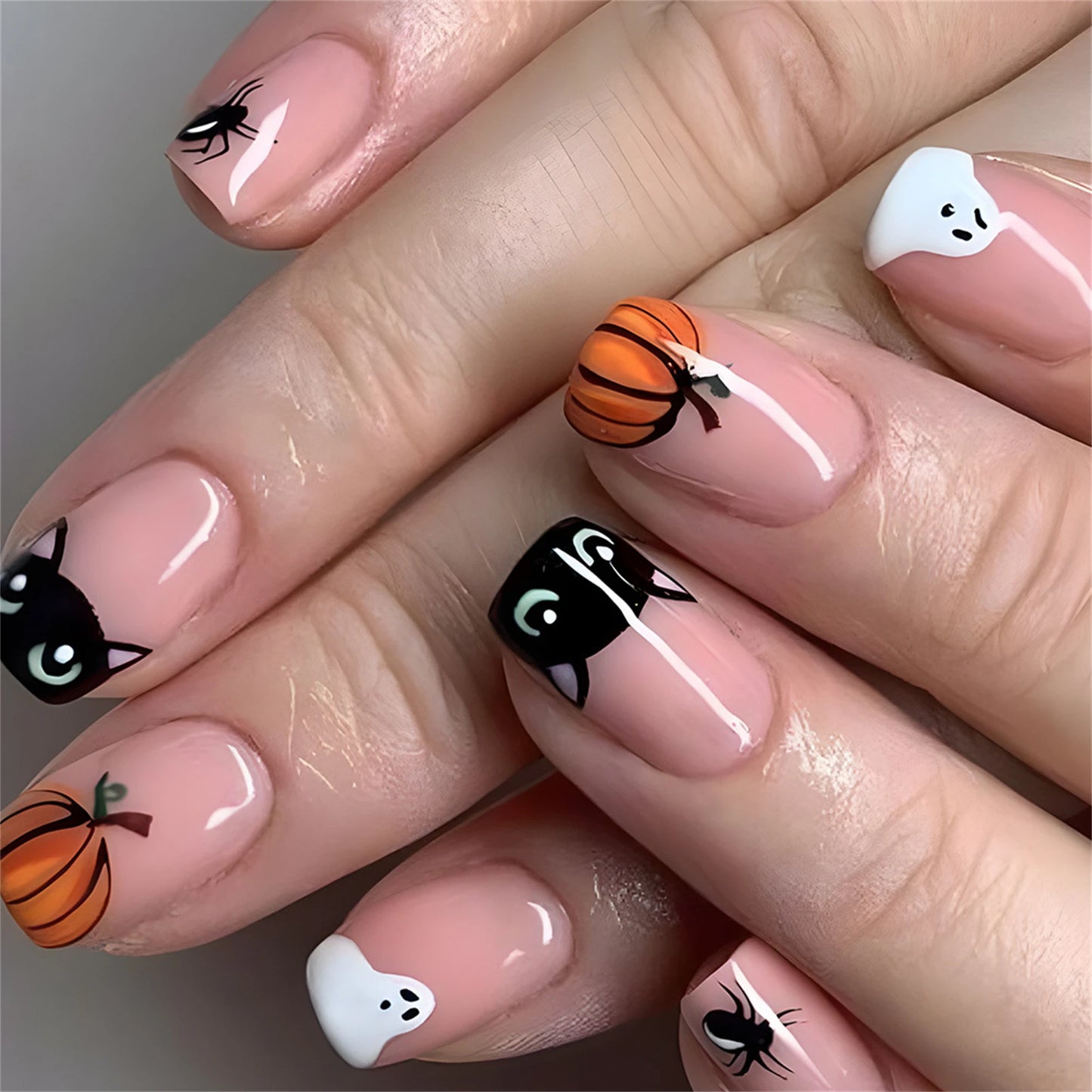 24pcs Halloween Cute Cartoon French Fake Nails Nude Pink Square Press On Nails With Pumpkin Ghost Designs Professional Nail Art Good Vibrations