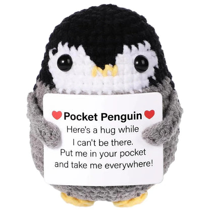 Funny Positive Energy Penguin Hug Pocket Doll Mini Handmade Plush Knitted Penguin Ornament Home Room Decoration Christams Gift Good Vibrations