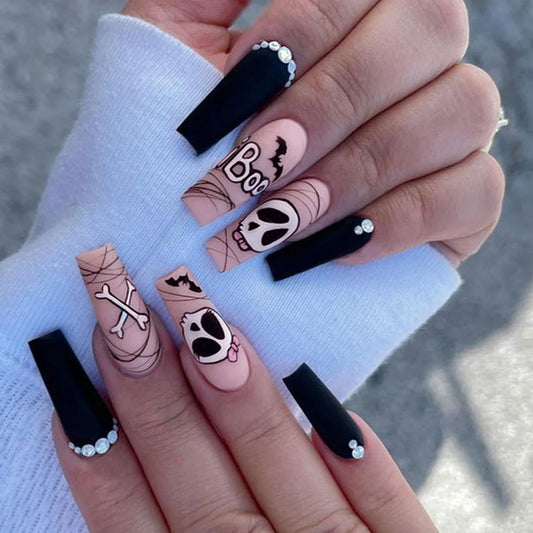 24Pcs Halloween False Nails Ghosts Bats Fake Nails Short Square Press on Nails Full Cover Nail Tips Manicure Tools Good Vibrations