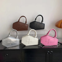 Women Crossbody Bag Large Capacity Coffin Shape Phone Shoulder Bag Halloween PU Top Handle Bag for Travel Make Up Cosmetic Bag Good Vibrations