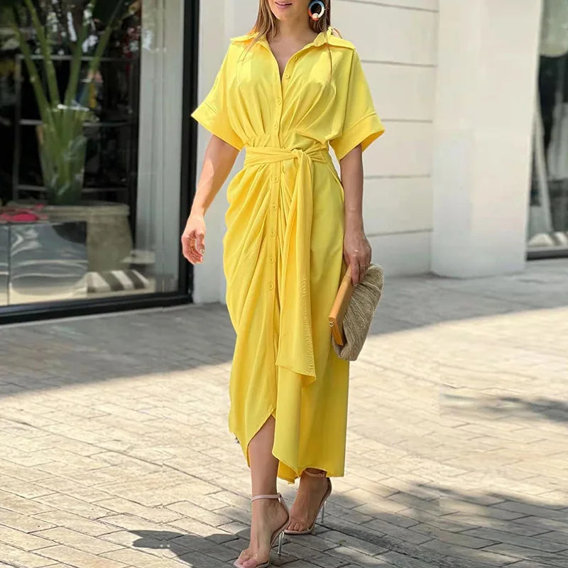 Elegant Dresses For Lady Vestidos 2026 Woman Dress Vestido Commuting Temperament Printed Irregular Leace-up Lapel Slim Contrast Good Vibrations