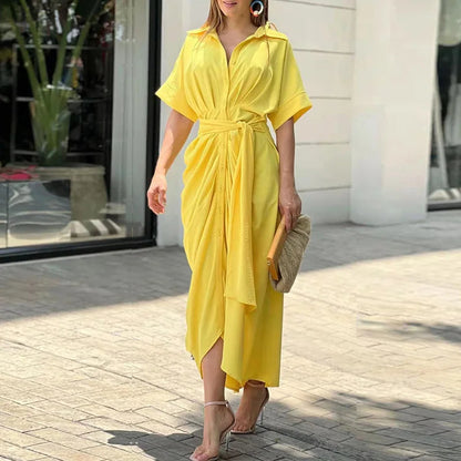 Elegant Dresses For Lady Vestidos 2026 Woman Dress Vestido Commuting Temperament Printed Irregular Leace-up Lapel Slim Contrast Good Vibrations