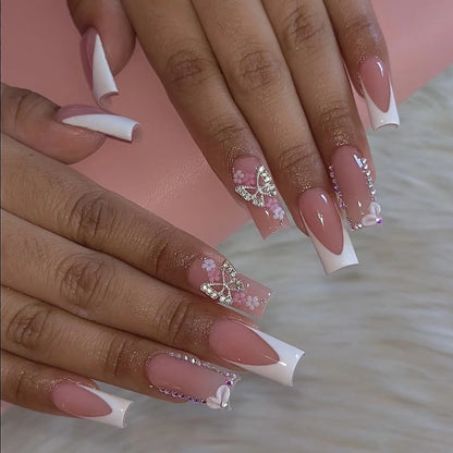 24Pcs Brown Long Coffin False Nails Glitter Ballet Wearable with French Design Fake nails Full Press on Nail Ins Nail Tips Art Good Vibrations