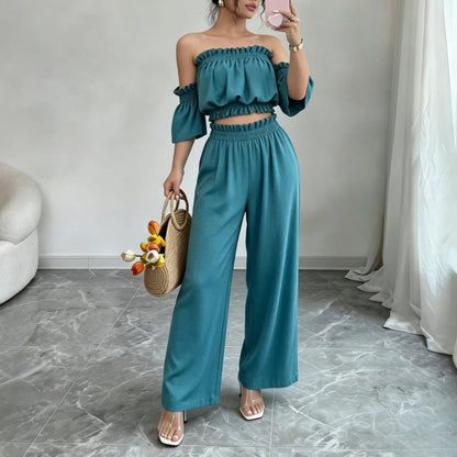 Women's 2 Piece Outfit Off Shoulder Ruffle Crop Top and Wide Leg Pants Set Casual Summer Vacation Party Loungewear Tracksuit Good Vibrations