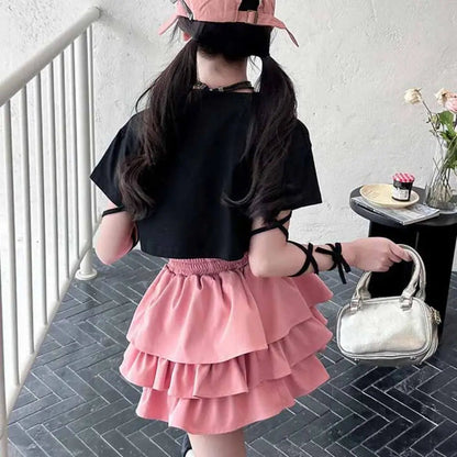 Outfits Y2K Bow Children Cake Skirt Set Pleated Teenagers T-shirt Skirt Suit Sweet Slim Fit Girls Clothes Set Summer Good Vibrations