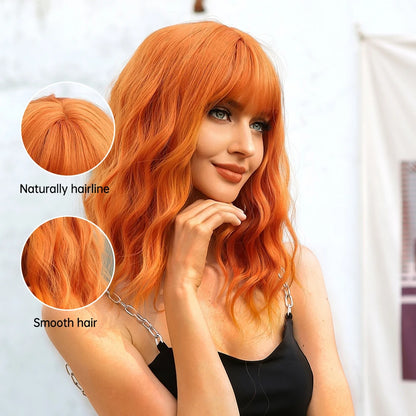 Synthetic Orange Cosplay Wig with Bangs for Women Shoulder Long Curly Copper Ginger Wigs Natural Heat Resistant Halloween Hair Good Vibrations
